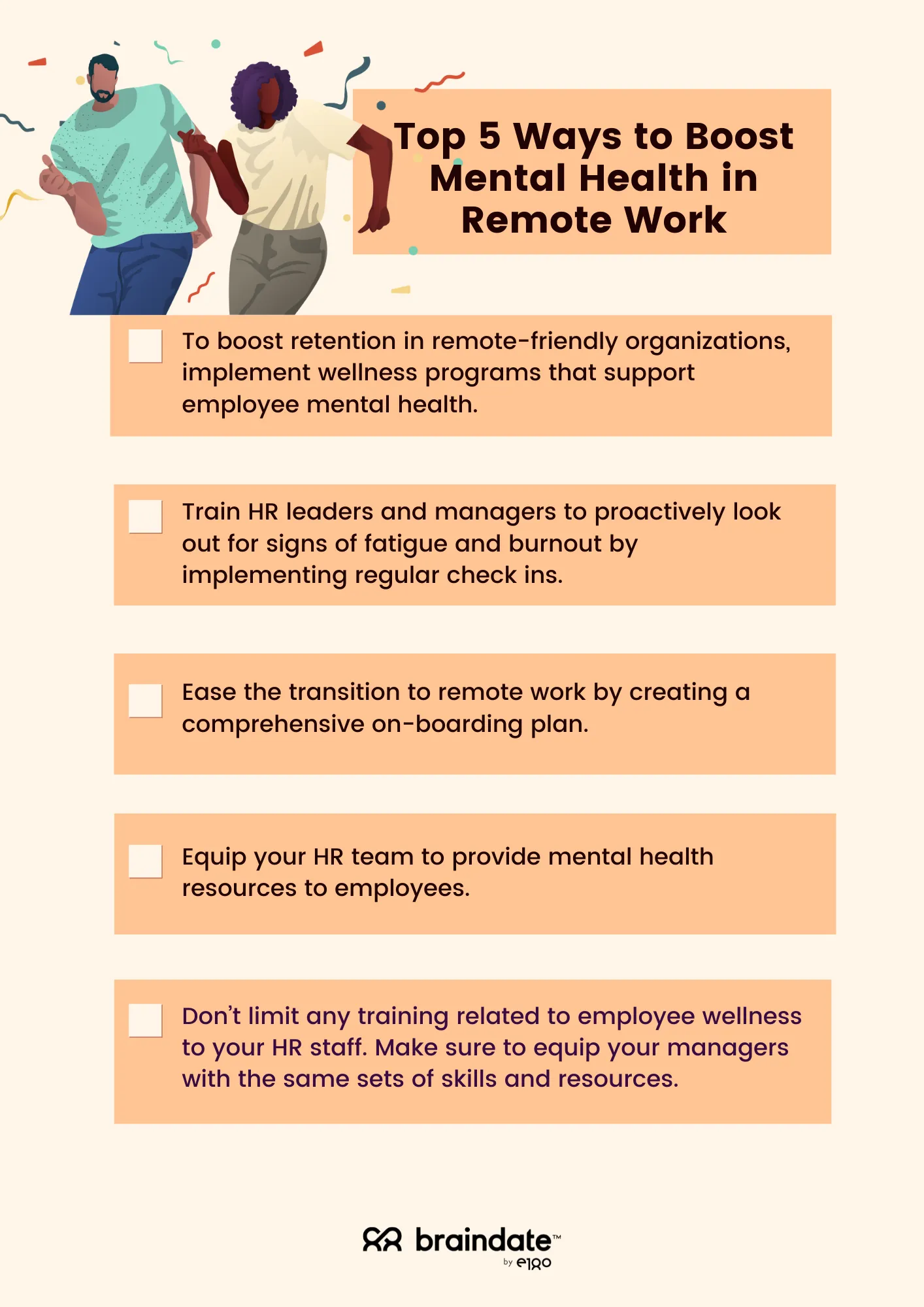 Checklist for top 5 ways to create a remote work culture centered on mental health and wellness
